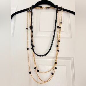 4 Strands Black Beads Necklace Gold Tone Chain layered 42" nWOT